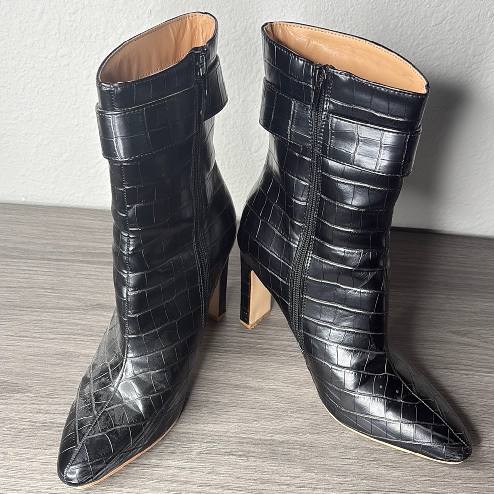 Sophisticated Black Croc Embossed Heeled Boots